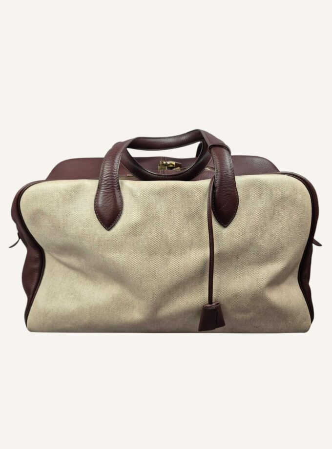 sac Hermès Victoria 40 toile beige cuir marron clair