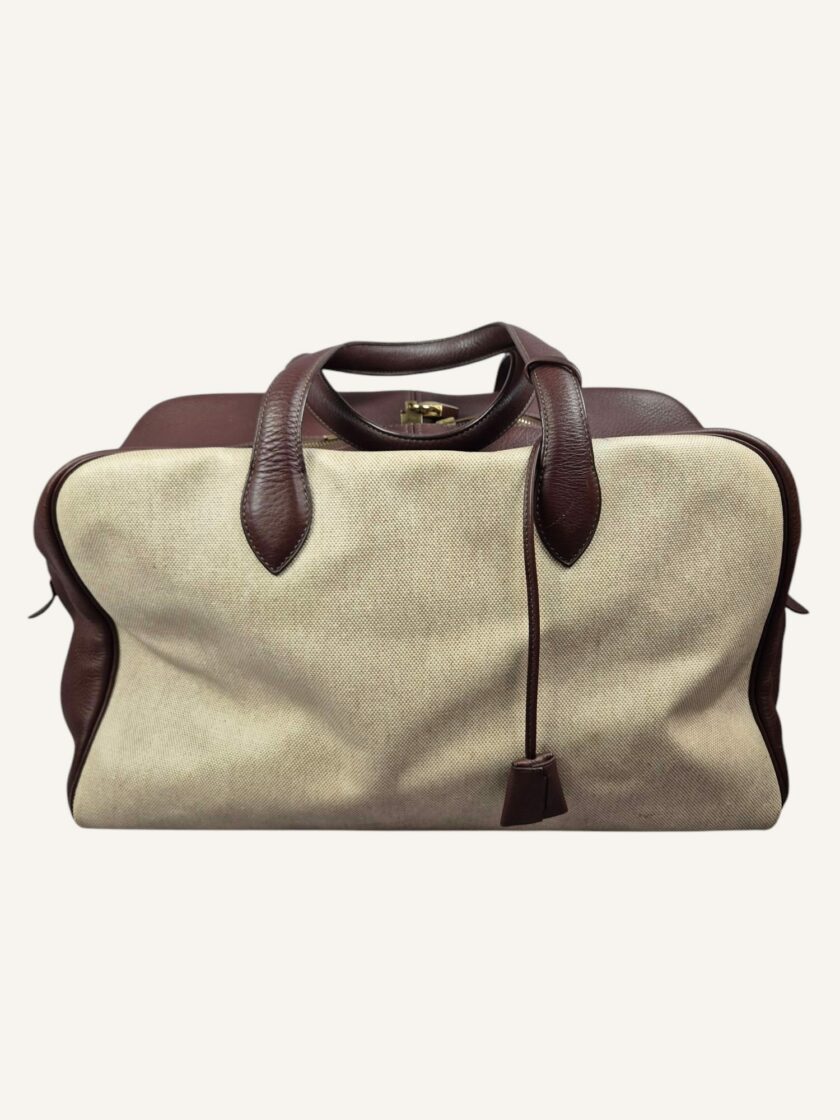 sac Hermès Victoria 40 toile beige cuir marron clair