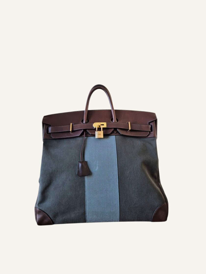 sac Hermès HAC 50 toile bleue cuir Barenia finitions or