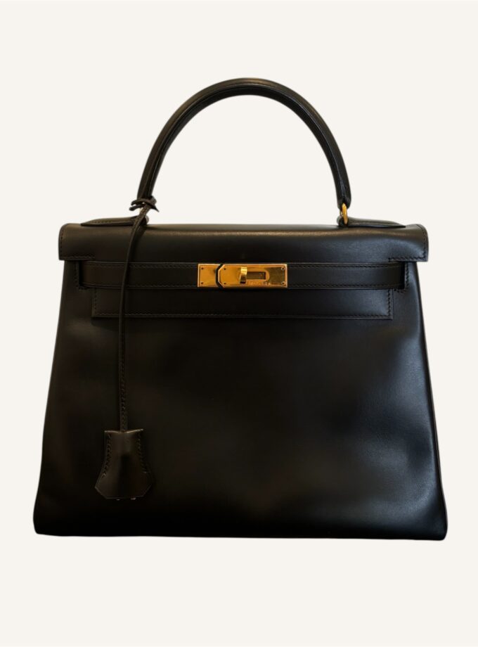 sac Hermès Kelly 28 cuir Box noir vintage 1991