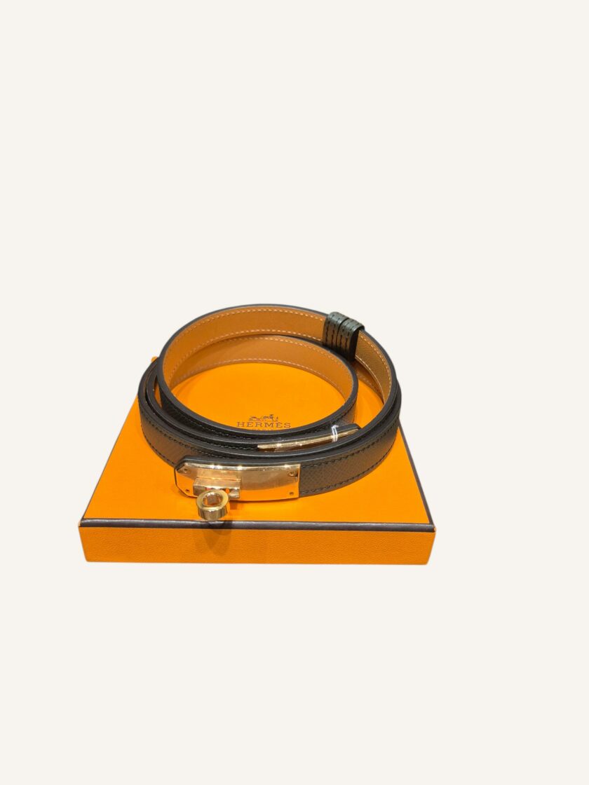 ceinture Hermès Kelly cuir Epsom vert olive or