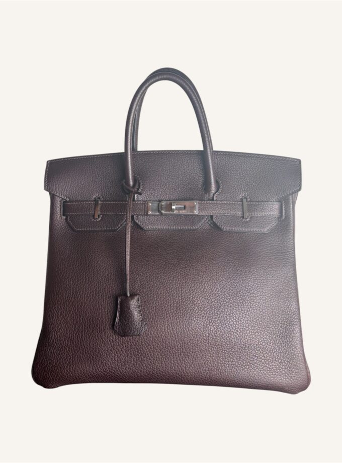 sac Hermès HAC 32 cuir taurillon chocolat argent 2003