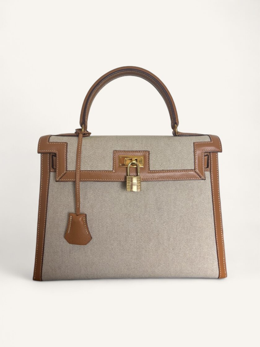 sac Hermès Kelly 28 toile cuir Courchevel Gold 1988