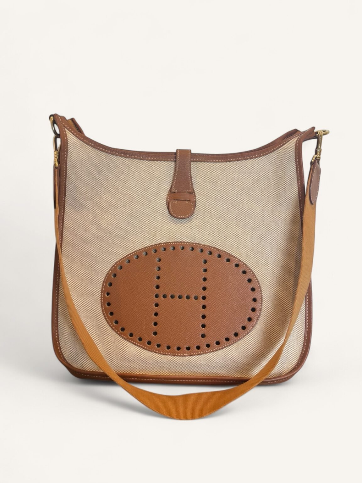 sac Hermès Evelyne GM toile cuir Courchevel Gold 1998