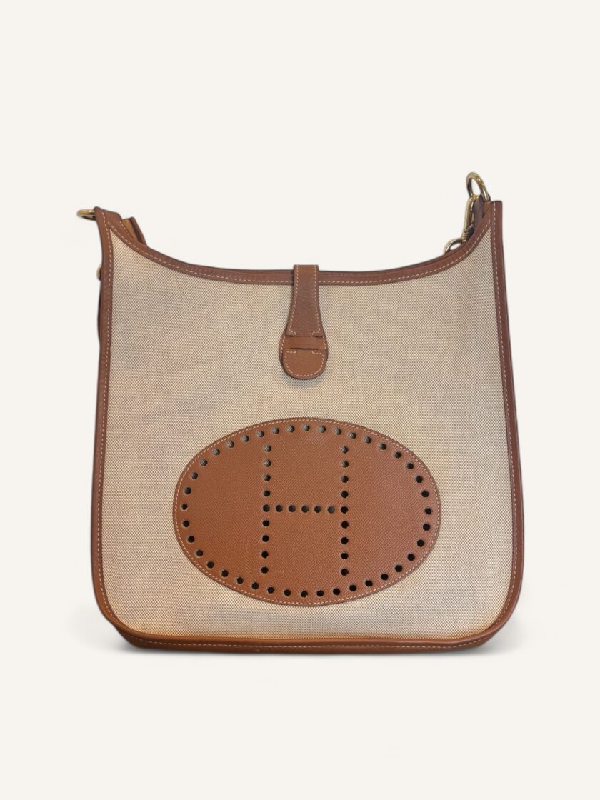 sac Hermès Evelyne GM toile cuir Courchevel Gold 1998