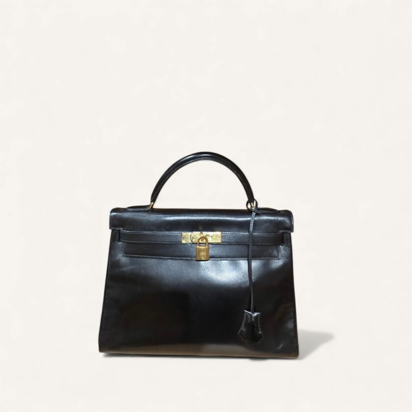 Sac Hermès Kelly 32 cuir Box noir finitions or 1982