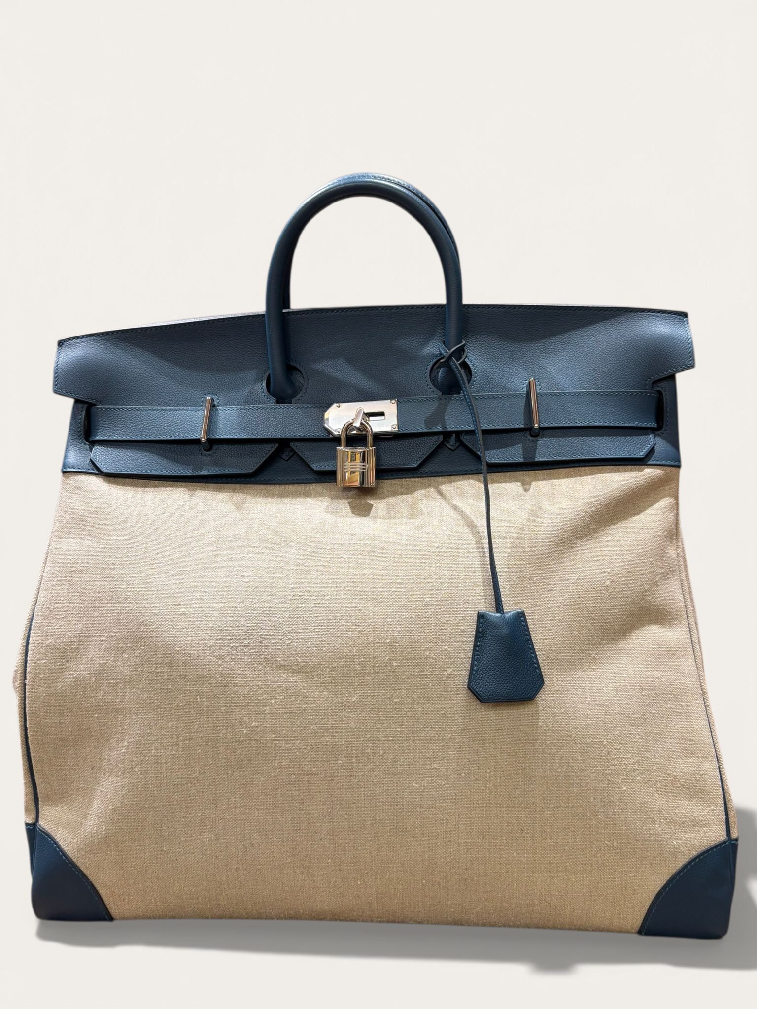 sac Hermès HAC 50 toile coton cuir Evergrain bleu palladium