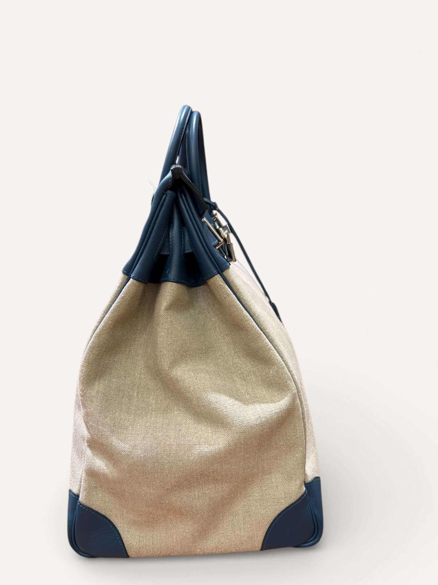 sac Hermès HAC 50 toile coton cuir Evergrain bleu palladium