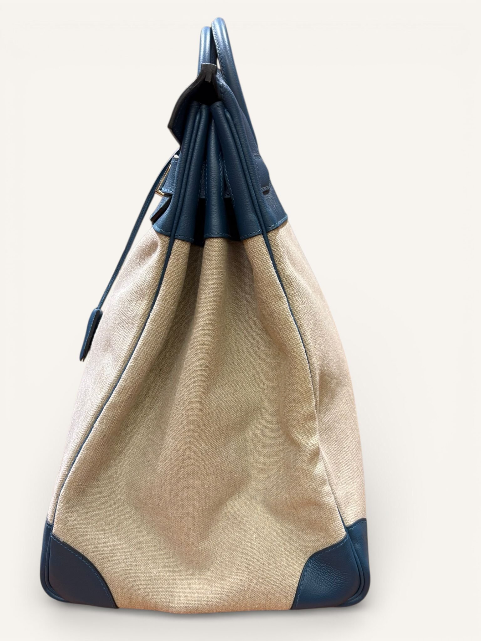 sac Hermès HAC 50 toile coton cuir Evergrain bleu palladium