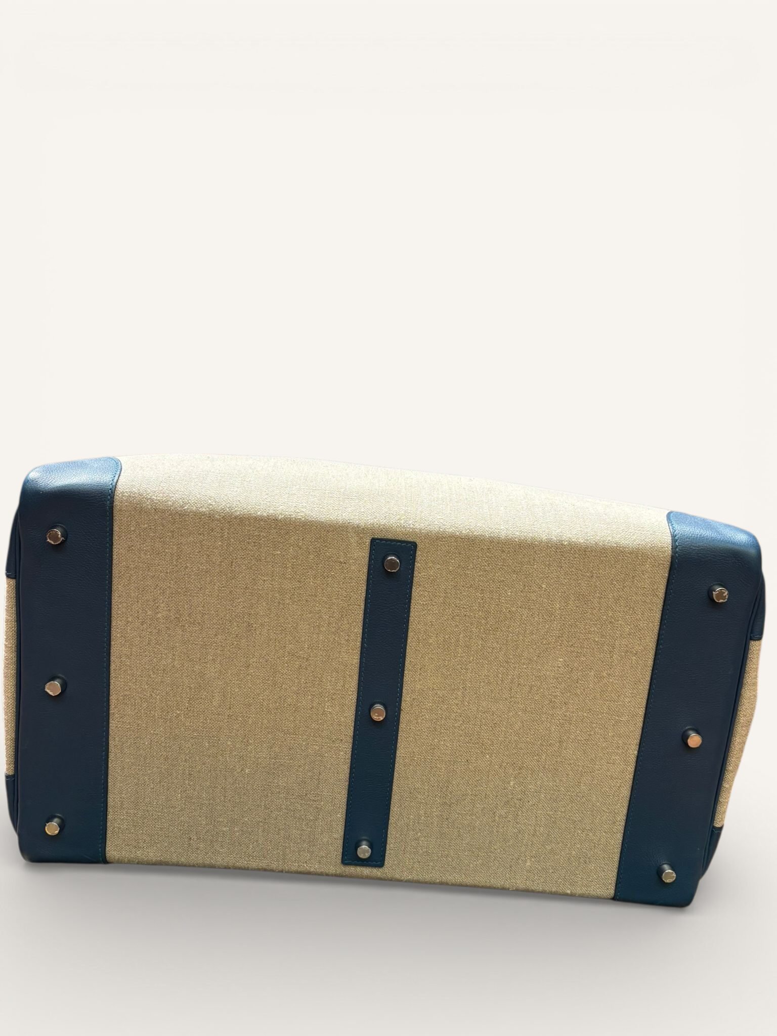 sac Hermès HAC 50 toile coton cuir Evergrain bleu palladium