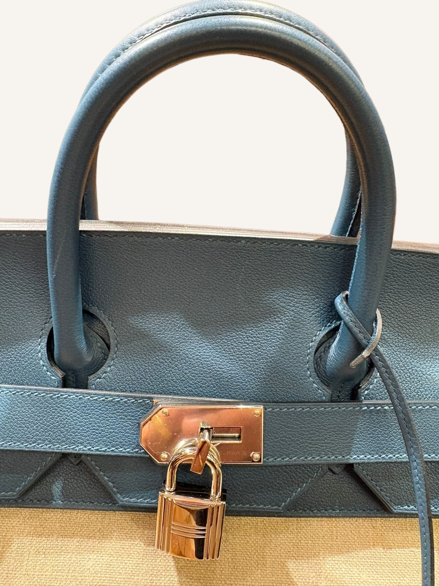 sac Hermès HAC 50 toile coton cuir Evergrain bleu palladium