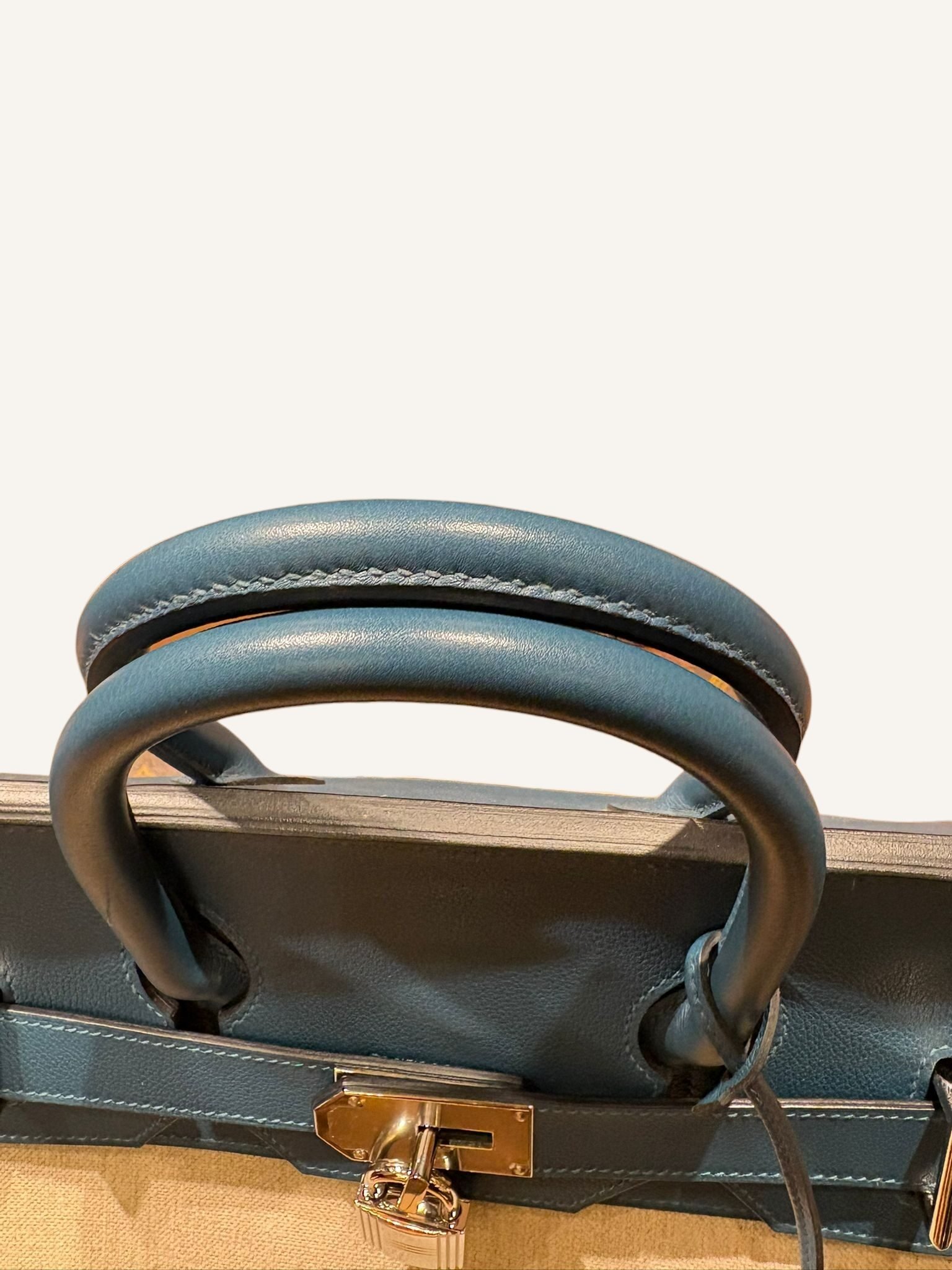 sac Hermès HAC 50 toile coton cuir Evergrain bleu palladium