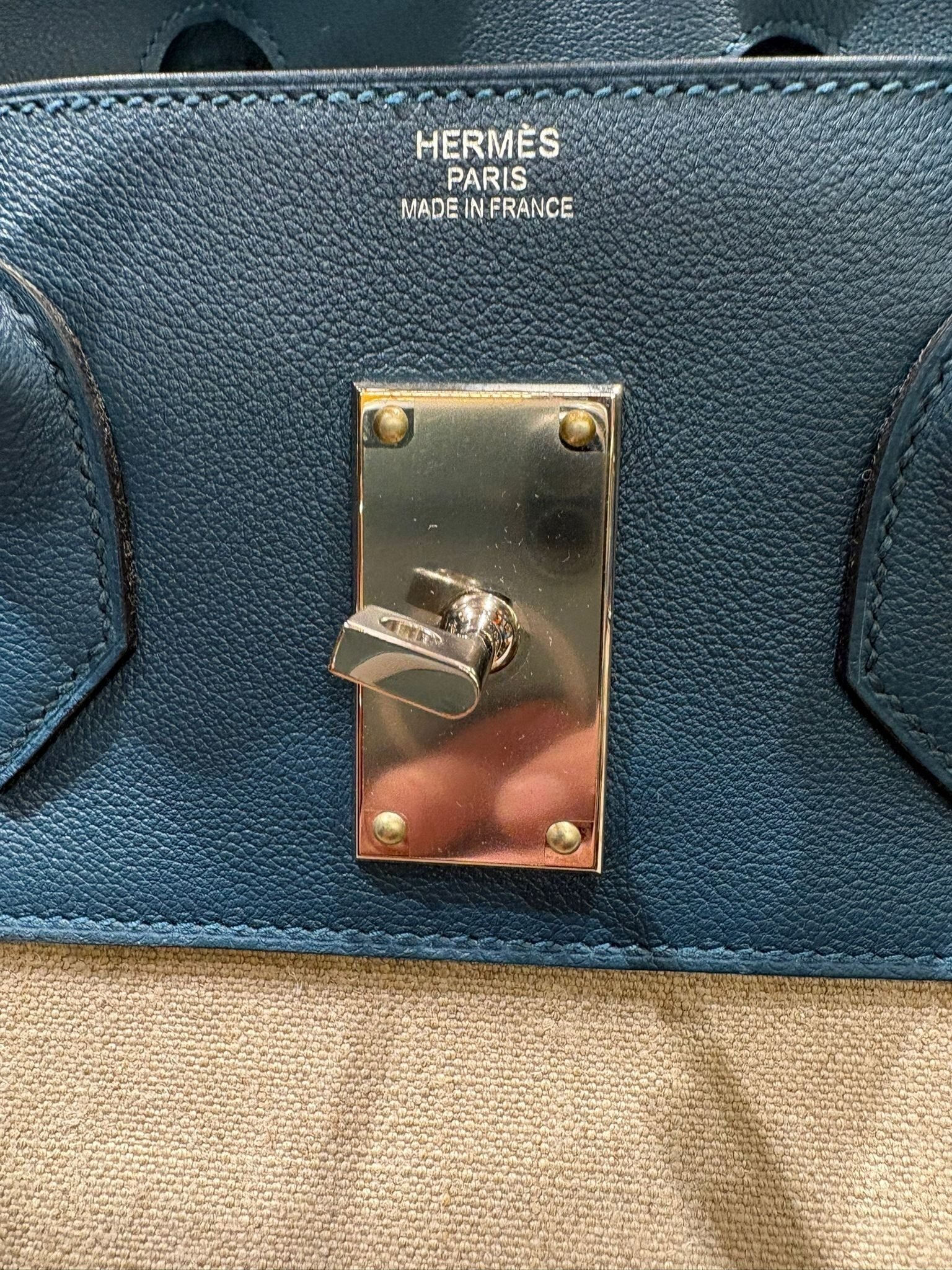 sac Hermès HAC 50 toile coton cuir Evergrain bleu palladium