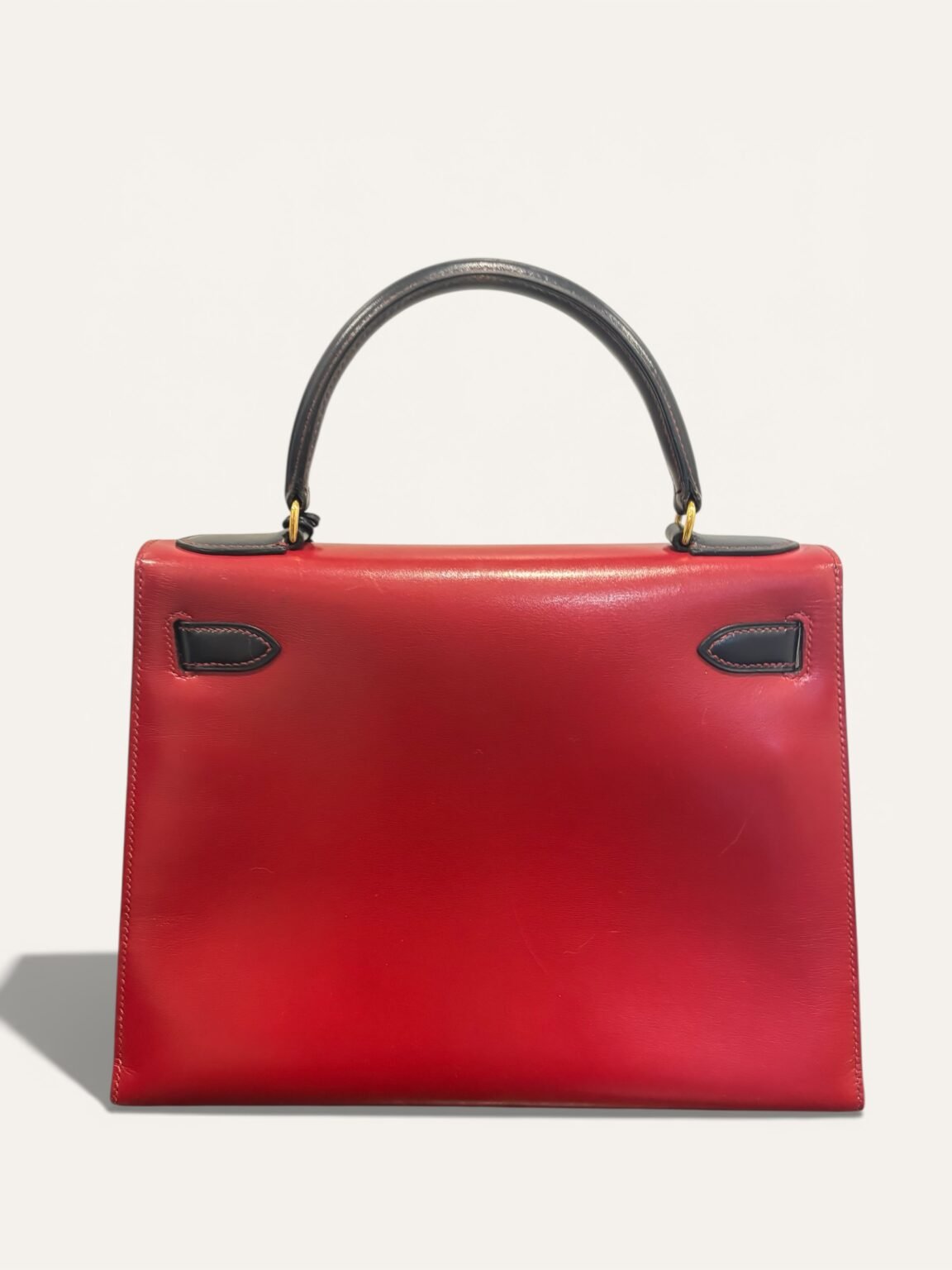 sac Hermès Kelly 28 bi color bleu marine rouge gold 1988