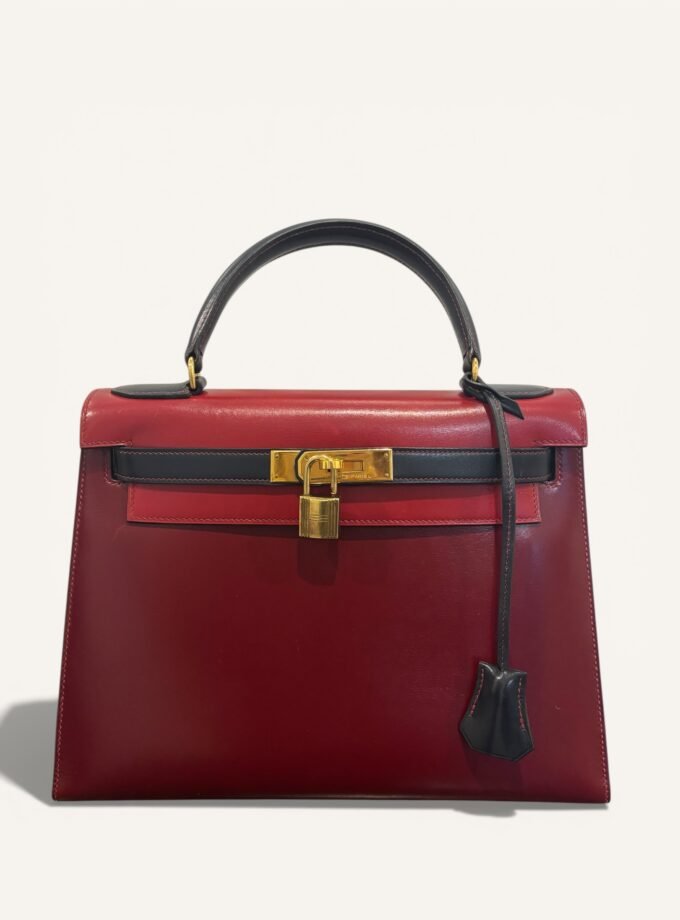 sac Hermès Kelly 28 bi color bleu marine rouge gold 1988