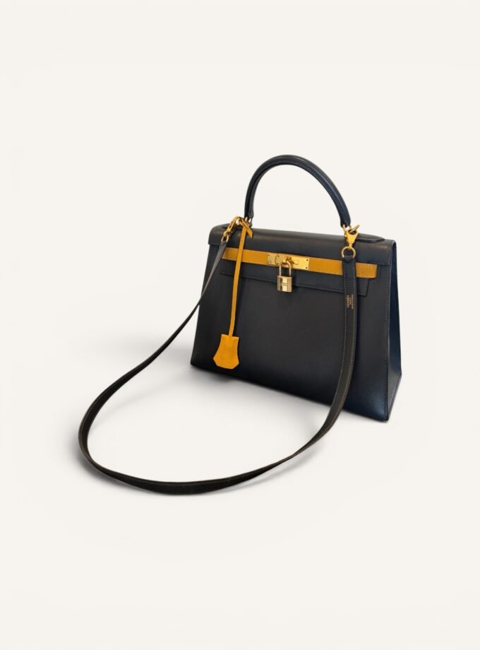 sac Hermès Kelly 28 bicolore Epsom bleu nuit light gold